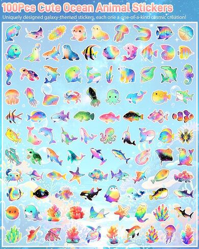 100 Pcs Cartoon Ocean Animal Stickers for Kids Adults, Cute Rainbow Animal Sticker Pack, Waterproof Vinyl Under the Sea Decals, Fish Turtle Stickers for Water Bottle, Laptop, Sea Life Party Favors in Saudi Arabia