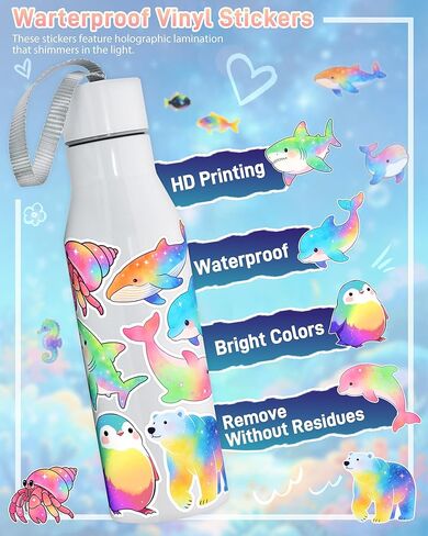 100 Pcs Cartoon Ocean Animal Stickers for Kids Adults, Cute Rainbow Animal Sticker Pack, Waterproof Vinyl Under the Sea Decals, Fish Turtle Stickers for Water Bottle, Laptop, Sea Life Party Favors in Saudi Arabia