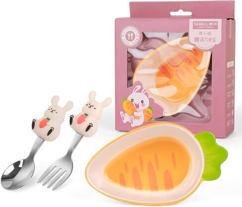 Carrot Bowl & Bunny Utensil Set, 6.8oz Durable Unbreakable Dish for Cereal, Soup, Snacks, Fruits Cute Vegetable-Themed Kids Dinnerware, Easy-Grip Design with 18/8 Stainless Steel Fork/Spoon in Saudi Arabia