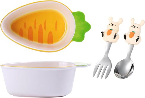 Carrot Bowl & Bunny Utensil Set, 6.8oz Durable Unbreakable Dish for Cereal, Soup, Snacks, Fruits Cute Vegetable-Themed Kids Dinnerware, Easy-Grip Design with 18/8 Stainless Steel Fork/Spoon in Saudi Arabia
