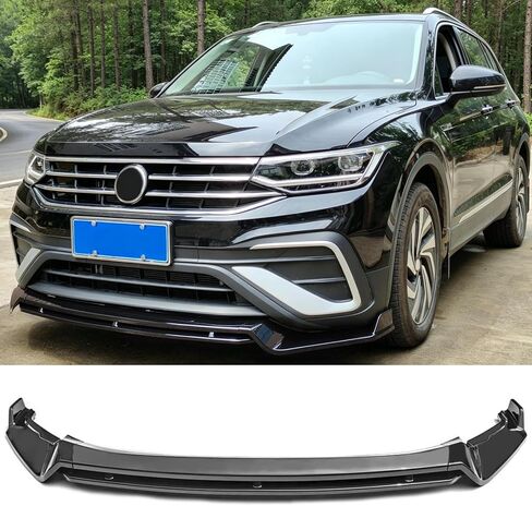 FREEMOTOR802 مقسم الشفاه الأمامي يناسب موديلات 2022-2024 Volkswagen Tiguan S/SE/Wolfsburg Edition Base Models، IKON Style Gloss Black PP Air Dam Front Chin Lip Spoiler Lower Bumper Protector، 4 قطع in Kuwait