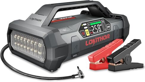 LOKITHOR JA401 3750A Jump Starter مع ضاغط هواء، شحن سريع في اتجاهين 60 وات، بطارية ليثيوم 12 فولت مع منفاخ إطارات للإغلاق التلقائي 150 رطل لكل بوصة مربعة، حزمة معززة لمحركات الديزل 10.0 لتر أو 8.0 لتر in Kuwait