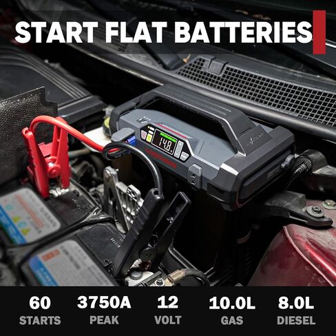 LOKITHOR JA401 3750A Jump Starter مع ضاغط هواء، شحن سريع في اتجاهين 60 وات، بطارية ليثيوم 12 فولت مع منفاخ إطارات للإغلاق التلقائي 150 رطل لكل بوصة مربعة، حزمة معززة لمحركات الديزل 10.0 لتر أو 8.0 لتر in Kuwait