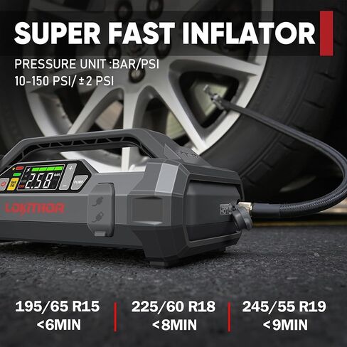 LOKITHOR JA401 3750A Jump Starter مع ضاغط هواء، شحن سريع في اتجاهين 60 وات، بطارية ليثيوم 12 فولت مع منفاخ إطارات للإغلاق التلقائي 150 رطل لكل بوصة مربعة، حزمة معززة لمحركات الديزل 10.0 لتر أو 8.0 لتر in Kuwait