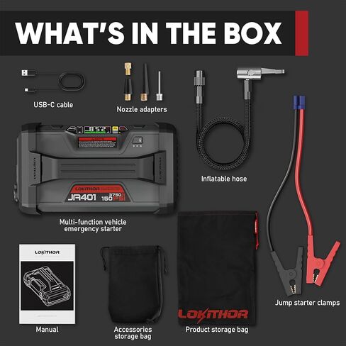 LOKITHOR JA401 3750A Jump Starter مع ضاغط هواء، شحن سريع في اتجاهين 60 وات، بطارية ليثيوم 12 فولت مع منفاخ إطارات للإغلاق التلقائي 150 رطل لكل بوصة مربعة، حزمة معززة لمحركات الديزل 10.0 لتر أو 8.0 لتر in Kuwait