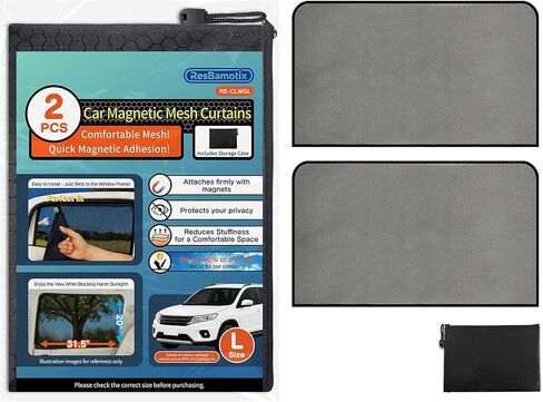 Magnetic Mesh Car Window Shades 2 Pack, 90% UV Block, Breathable Mesh, Privacy with Inside Visibility, Easy Magnetic Install, for Baby, Breastfeeding, Camping (Black, Large 31.5"L x 20"W) in Saudi Arabia