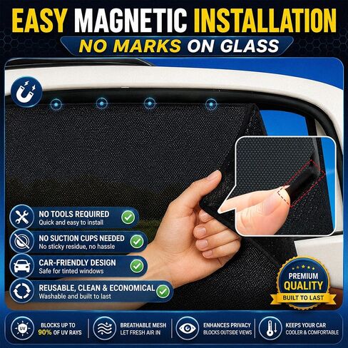 Magnetic Mesh Car Window Shades 2 Pack, 90% UV Block, Breathable Mesh, Privacy with Inside Visibility, Easy Magnetic Install, for Baby, Breastfeeding, Camping (Black, Large 31.5"L x 20"W) in Saudi Arabia