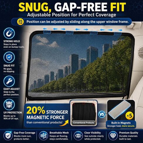 Magnetic Mesh Car Window Shades 2 Pack, 90% UV Block, Breathable Mesh, Privacy with Inside Visibility, Easy Magnetic Install, for Baby, Breastfeeding, Camping (Black, Large 31.5"L x 20"W) in Saudi Arabia