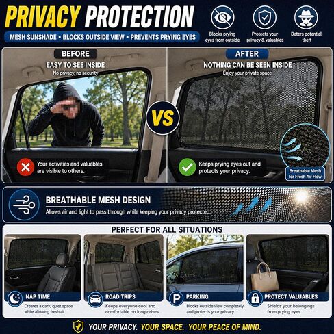 Magnetic Mesh Car Window Shades 2 Pack, 90% UV Block, Breathable Mesh, Privacy with Inside Visibility, Easy Magnetic Install, for Baby, Breastfeeding, Camping (Black, Large 31.5"L x 20"W) in Saudi Arabia
