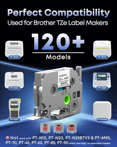 TZe-231 Replace for Brother Label Maker Tape 12mm 0.47 Laminated White P-Touch Label Tape 1/2" TZe TZ Tape TZe231 for Brother PT-D210 PT-D220 H110 D400 1280 D610BT, 12mm x 8m, Black on White, 5-Pack in Kuwait