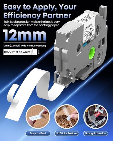 TZe-231 Replace for Brother Label Maker Tape 12mm 0.47 Laminated White P-Touch Label Tape 1/2" TZe TZ Tape TZe231 for Brother PT-D210 PT-D220 H110 D400 1280 D610BT, 12mm x 8m, Black on White, 5-Pack in Kuwait