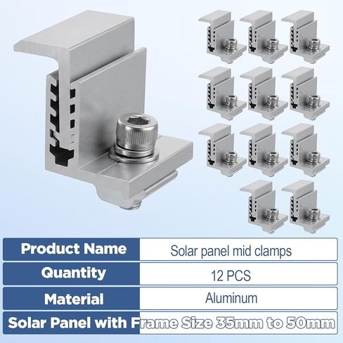 12PCS Solar Panel Brackets Adjustable End Clamp 5 Gear 35-50mm Aluminum Solar Mounting Brackets Kit for RV Metal Roof Flat Roof Silver in Saudi Arabia
