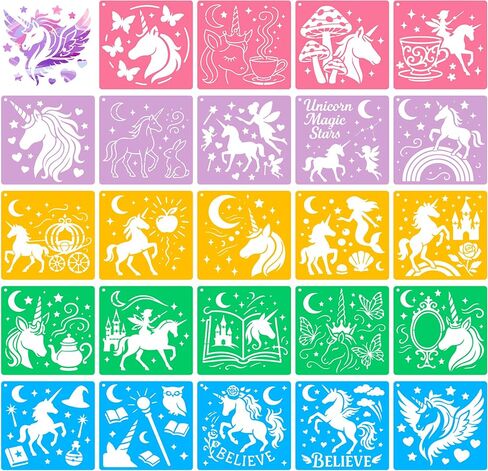 24 Pieces Stencils Drawing Stencils Chalk Template Large Washable Geometric and Unicorn Themed Primary Shape Template Crafts Reusable for DIY Painting (Unicorn) in Saudi Arabia