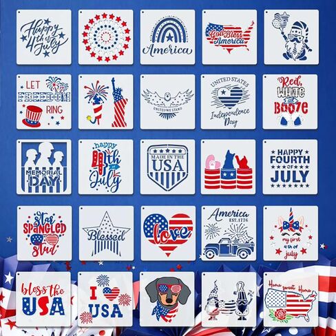 25 Pcs Patriotic Stencils Reusable 4th of July Stencils for Painting American Flag Scrapbook Drawing DIY Wall Floor Rock Painting Craft Art Project Independence Day Bag Shirt Decoration in Saudi Arabia