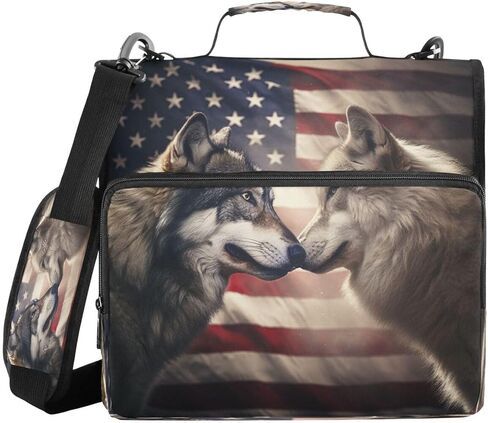 ALAZA Wolf American Flag Zipper Binder 3 Ring Binder Organizer with Zipper and Shoulder Strap Large Capacity Multi-Pocket for Office Supplies Work in Kuwait