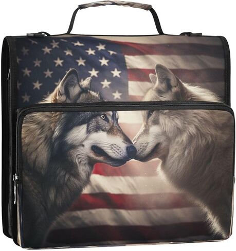 ALAZA Wolf American Flag Zipper Binder 3 Ring Binder Organizer with Zipper and Shoulder Strap Large Capacity Multi-Pocket for Office Supplies Work in Kuwait
