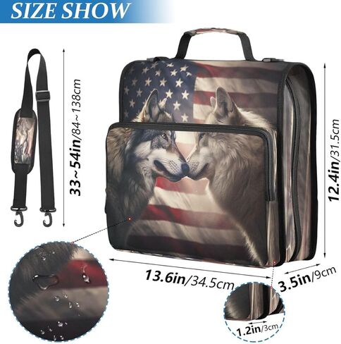 ALAZA Wolf American Flag Zipper Binder 3 Ring Binder Organizer with Zipper and Shoulder Strap Large Capacity Multi-Pocket for Office Supplies Work in Kuwait
