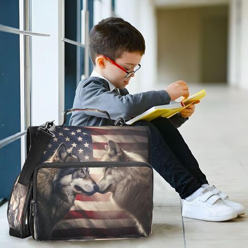 ALAZA Wolf American Flag Zipper Binder 3 Ring Binder Organizer with Zipper and Shoulder Strap Large Capacity Multi-Pocket for Office Supplies Work in Kuwait