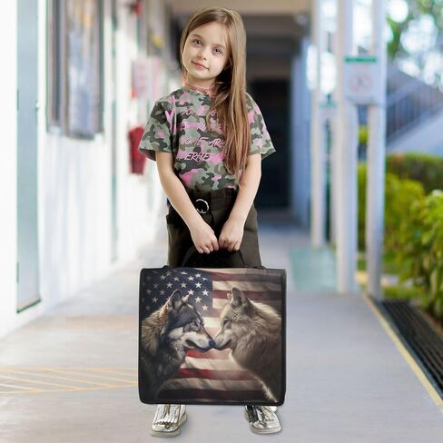 ALAZA Wolf American Flag Zipper Binder 3 Ring Binder Organizer with Zipper and Shoulder Strap Large Capacity Multi-Pocket for Office Supplies Work in Kuwait
