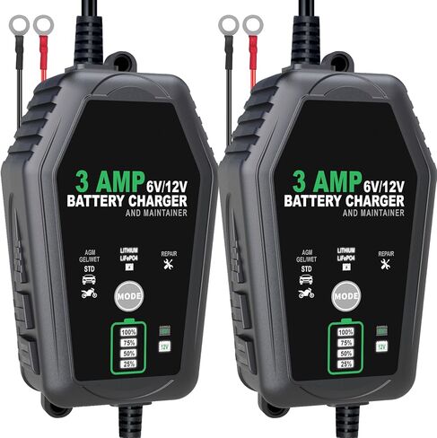 2 [Pack] 6V 12V Battery Charger Maintainer, 3-Amp Fully Automatic 6 Volt 12 Volt Lithium LiFepo4 Lead Acid Battery Trickle Charger Desulfator for Automotive,Boat,Motorcycle,Lawn Mower in Saudi Arabia