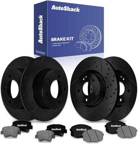 دوارات الفرامل الأمامية والخلفية ومنصات السيراميك من AutoShack لسيارة Kia، Soul 2014-2016، FWD L4 1.6L 2.0L - محفورة ومشقوقة مطلية إلكترونيًا - ShadowGuard in Kuwait