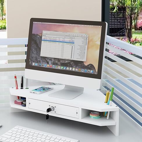 White Monitor Stand Riser with Pen Holder - Triangle Corner Desk Organizer for Laptop, TV, Tablet - 2-Tier Elevated Shelf Storage Solution for Office & Home in Kuwait