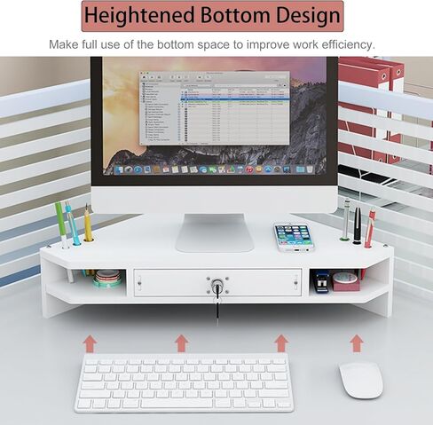 White Monitor Stand Riser with Pen Holder - Triangle Corner Desk Organizer for Laptop, TV, Tablet - 2-Tier Elevated Shelf Storage Solution for Office & Home in Kuwait