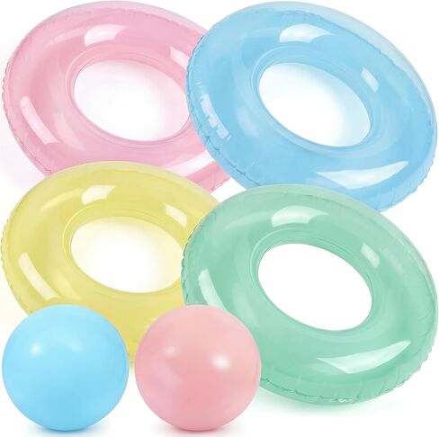 10 Pack Inflatable Pool Floats and Pastel Beach Balls Bulk 32'' Swim Tubes Rings 24" Jumbo Beach Balls Beach Swimming Toys with Beach Balls for Adults in Kuwait