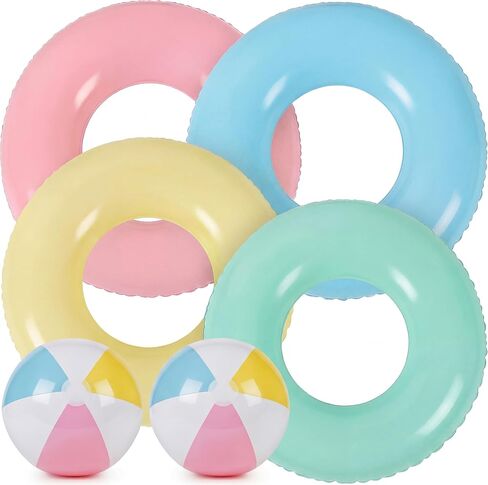10 Pack Inflatable Pool Floats and Pastel Beach Balls Bulk 32'' Swim Tubes Rings 24" Jumbo Beach Balls Beach Swimming Toys with Beach Balls for Adults in Kuwait