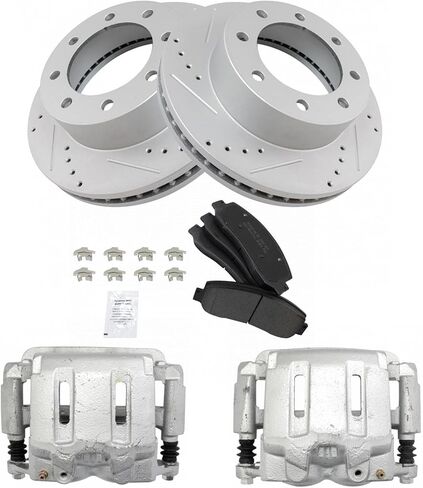 TRQ Front Performance Brake Pad, Caliper, & Rotor Kit Semi-Metallic Premium G-Coated Compatible with 2005-2012 Ford F-250 Super Duty F-350 Super Duty in Kuwait