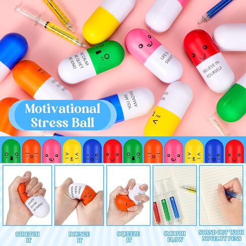 Dispowreath 48 Pcs CNA Week Gifts Bulk 2026 Nurse Appreciation Gift Pill Stress Ball and Retractable Syringe Pen Inspirational Pill Shaped Foam Stress Ball Set Thanks Gift for Nurse Coworker in Kuwait
