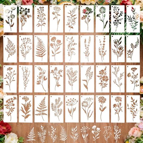 36 PCS Flower Stencils for Painting on Wood, 6x3 Inch Reusable Wildflower Stencil for Crafts, Plastic Floral & Leaf Templates for Canvas, Wall Decor, Rock Art, and Home Projects in Saudi Arabia