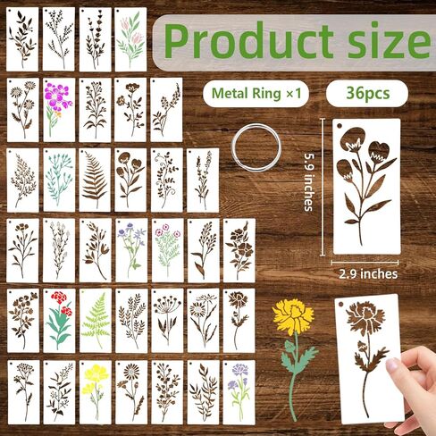 36 PCS Flower Stencils for Painting on Wood, 6x3 Inch Reusable Wildflower Stencil for Crafts, Plastic Floral & Leaf Templates for Canvas, Wall Decor, Rock Art, and Home Projects in Saudi Arabia