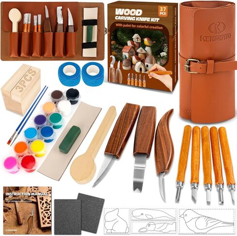 Wood Carving Kit, 44Pcs Wood Carving Tools with 4 Style Templates & 12 Color Paint Set & Bee Wax, Wood Whittling Knives Set 4pcs Whittling Knives & 5pcs Detail Knives for Beginners and Hobbyists in Kuwait