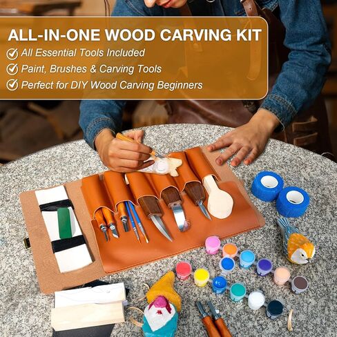 Wood Carving Kit, 44Pcs Wood Carving Tools with 4 Style Templates & 12 Color Paint Set & Bee Wax, Wood Whittling Knives Set 4pcs Whittling Knives & 5pcs Detail Knives for Beginners and Hobbyists in Kuwait