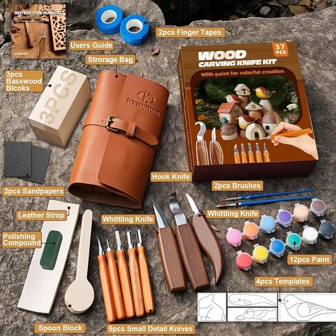 Wood Carving Kit, 44Pcs Wood Carving Tools with 4 Style Templates & 12 Color Paint Set & Bee Wax, Wood Whittling Knives Set 4pcs Whittling Knives & 5pcs Detail Knives for Beginners and Hobbyists in Kuwait