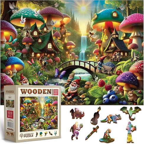 WOODEN.CITY Wooden Puzzle 1000 Pieces Mushroom Wonderland – Premium 1000 Piece Wood Puzzle for Adults with 100 Whimsy Shapes – Made & Designed in EU in Saudi Arabia