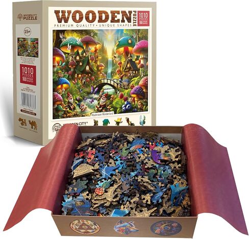 WOODEN.CITY Wooden Puzzle 1000 Pieces Mushroom Wonderland – Premium 1000 Piece Wood Puzzle for Adults with 100 Whimsy Shapes – Made & Designed in EU in Saudi Arabia