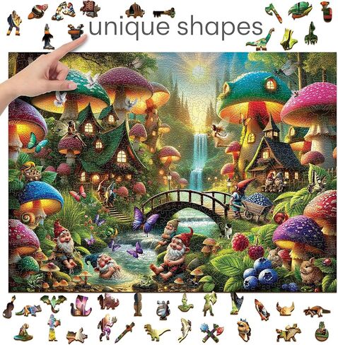 WOODEN.CITY Wooden Puzzle 1000 Pieces Mushroom Wonderland – Premium 1000 Piece Wood Puzzle for Adults with 100 Whimsy Shapes – Made & Designed in EU in Saudi Arabia