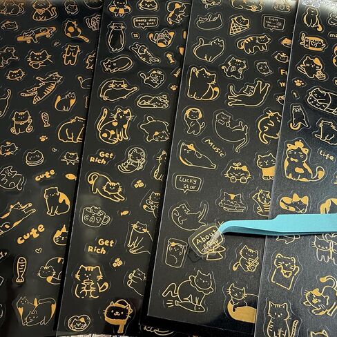Gold Foil Cat Stickers, 4 Sheets Cute Mini Pussy Cat Sticker Set with Tweezers, Waterproof Clear Kitten Sticker for Journaling Planner Scrapbook Phone Case Decoration in Saudi Arabia