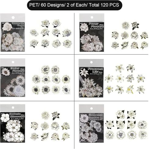 120 Pcs Vintage Floral Stickers for Scrapbooking, Holographic Foil 1.57 inch PET Flower Sticker, Retro Floral Journaling Supplies for Scrapbook Album DIY Craft Daily Planner in Kuwait