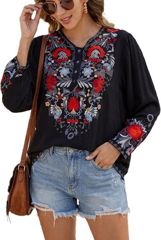 Womens Embroidered Tops Fall Shirts Long Sleeve Casual Mexican Blouses Loose Peasant Tunic 2024 Trendy Clothes in Saudi Arabia