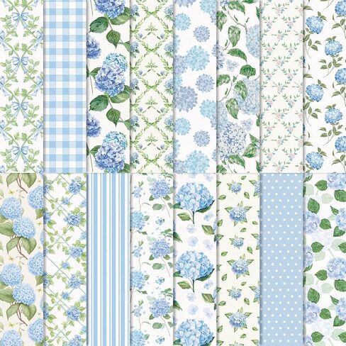 JarThenaAMCS 32 Sheets Hydrangea Pattern Paper Blue Floral Green Leaves Scrapbook Specialty Paper Double Sided for Spring Summer DIY Crafts Card Making Photo Album Decor, 5.5 x 8.3 Inch in Kuwait