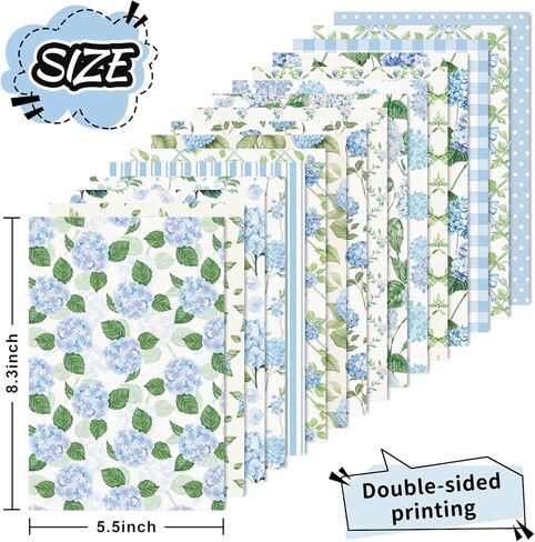 JarThenaAMCS 32 Sheets Hydrangea Pattern Paper Blue Floral Green Leaves Scrapbook Specialty Paper Double Sided for Spring Summer DIY Crafts Card Making Photo Album Decor, 5.5 x 8.3 Inch in Kuwait