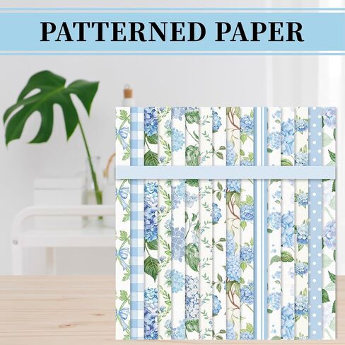 JarThenaAMCS 32 Sheets Hydrangea Pattern Paper Blue Floral Green Leaves Scrapbook Specialty Paper Double Sided for Spring Summer DIY Crafts Card Making Photo Album Decor, 5.5 x 8.3 Inch in Kuwait