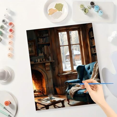 TAOPAOLAB Cozy Winter Paint by Numbers Kit for Adults - DIY Fireplace and Blue Armchair Painting on Canvas 16x20 Inches, Acrylic Paint Set, Suitable for Beginners, Warm Home Art for Room Decoration in Saudi Arabia