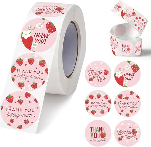 500Pcs Strawberry Thank You Stickers Rolls, 6 Designs Cute DIY Adhesive Labels Envelope Gift Sealing Stickers Summer Birthday Party Cupcake Decoration Sticker for Favors Supplies in Kuwait