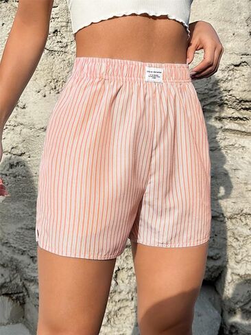 OYOANGLE Women's Summer Casual Striped Print Elastic Waist Mid Rise Straight Leg Shorts Light Grey Small in Saudi Arabia