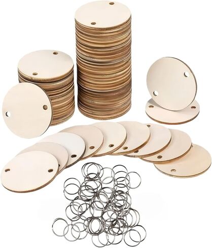 50 Wood Rounds and 50 Key Rings Wooden Circle Discs with 2 Holes and Ring Clips for Birthday Board Tags, Homemade DIY Gifts, Arts and Crafts (2" Inch) in Saudi Arabia