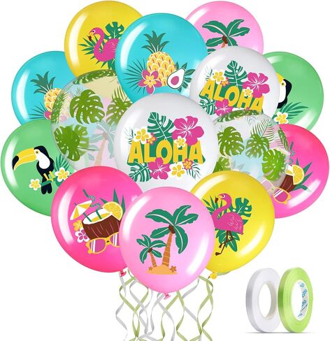 Zhanmai 50 قطعة من بالونات حفلات هاواي، بالونات Aloha Tropical Luau اللاتكس لحفلات هاواي Luau الصيفية والشاطئ وأعياد الميلاد Tiki Bar لوازم الزفاف (صيف سعيد) in Kuwait